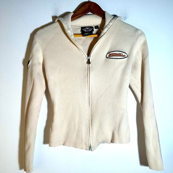 Vintage Harley - Davidson Cream Zip-Up Ribbed Jacket - Picture 1 of 4